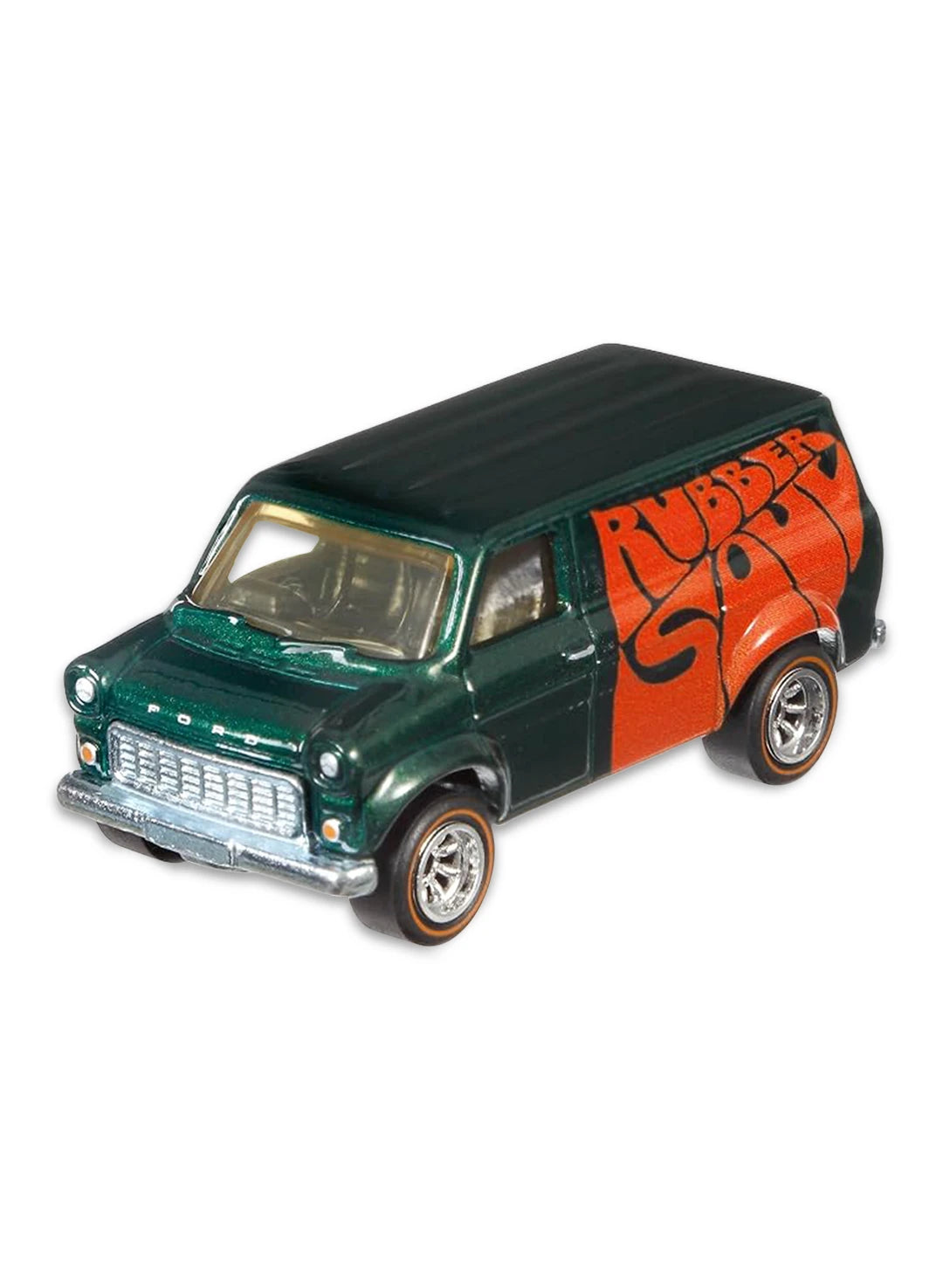 Close-up view of the dark green Hot Wheels The Beatles Ford Transit Supervan showing side Rubber Soul graphics and brown-rimmed Real Riders wheels.