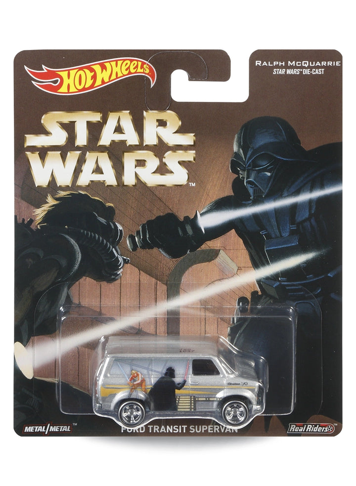 Hot Wheels Pop Culture Ralph McQuarrie Star Wars Ford Transit Supervan 1:64 scale premium diecast van mint on its original lightsaber duel concept art card.