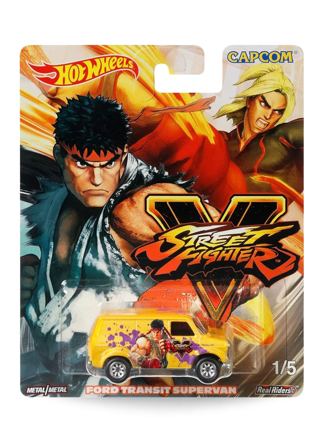 Hot Wheels Pop Culture Street Fighter V Ryu Ford Transit Supervan 1:64 scale premium diecast van mint on original Capcom fighting game card.