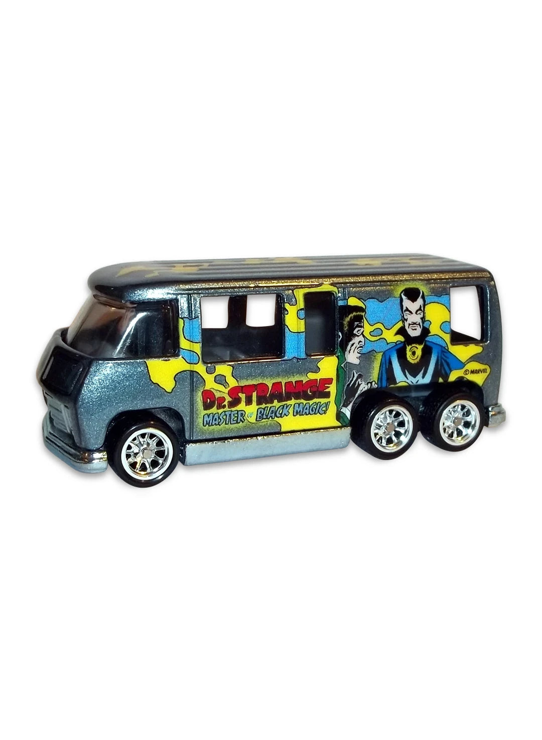 Close-up view of the steel blue Hot Wheels Doctor Strange GMC Motorhome showing side character graphics and 10-spoke Real Riders wheels.
