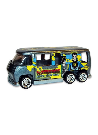 Close-up view of the steel blue Hot Wheels Doctor Strange GMC Motorhome showing side character graphics and 10-spoke Real Riders wheels.