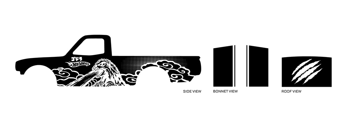 Godzilla 01 placement preview for a 1:64 Datsun 620 UTE, with white monster linework on black panels,
roof claw cuts and bonnet stripes.
