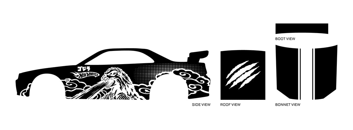 Godzilla 01 placement preview for a 1:64 Nissan Skyline GT-R R34, with white monster and cloud
graphics on black, roof claws and bonnet stripes.
