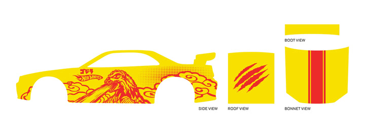 Godzilla 02 placement preview for a 1:64 Nissan Skyline GT-R R34, showing red monster art on yellow,
roof claw marks and bonnet stripes.