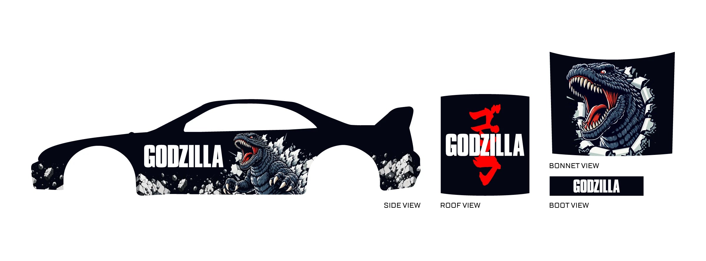 Godzilla 03 placement preview for a 1:64 Nissan Skyline GT-R R33, with grey roaring monster
art, shattered edges, white GODZILLA text and red roof characters.