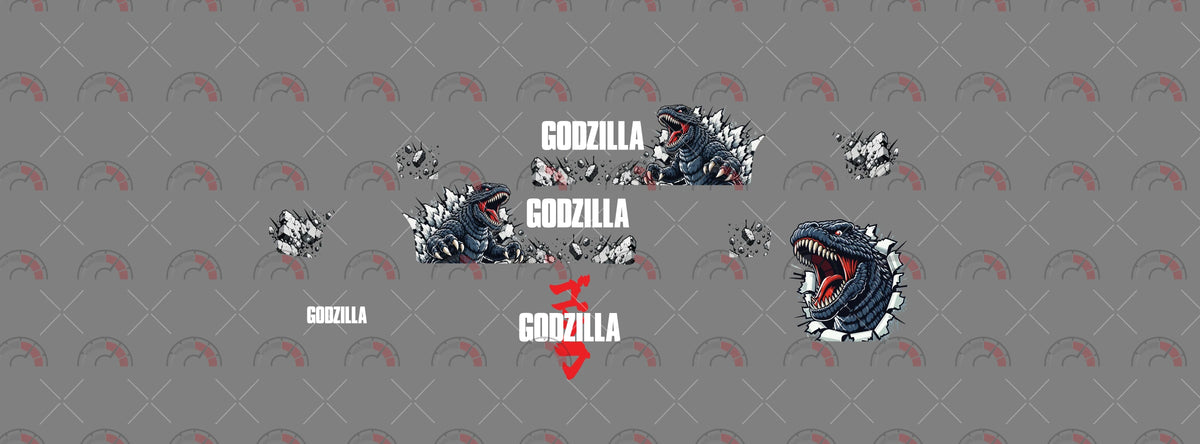 Godzilla 03 decal sheet for a 1:64 Nissan Skyline GT-R R33, showing paired monster side
illustrations, broken-edge fragments, white names and a large roaring head.
