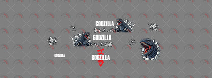 Godzilla 03 decal sheet for a 1:64 Nissan Skyline GT-R R33, showing paired monster side
illustrations, broken-edge fragments, white names and a large roaring head.

