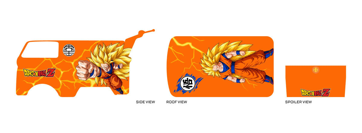 Goku SSJ3 02 placement preview for a 1:64 Kool Kombi, with orange panels, long
golden-haired Goku action art, blue outfit accents and yellow lightning.