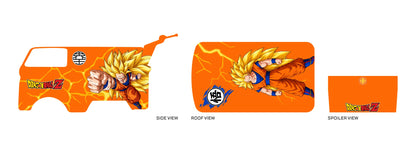 Goku SSJ3 02 placement preview for a 1:64 Kool Kombi, with orange panels, long
golden-haired Goku action art, blue outfit accents and yellow lightning.