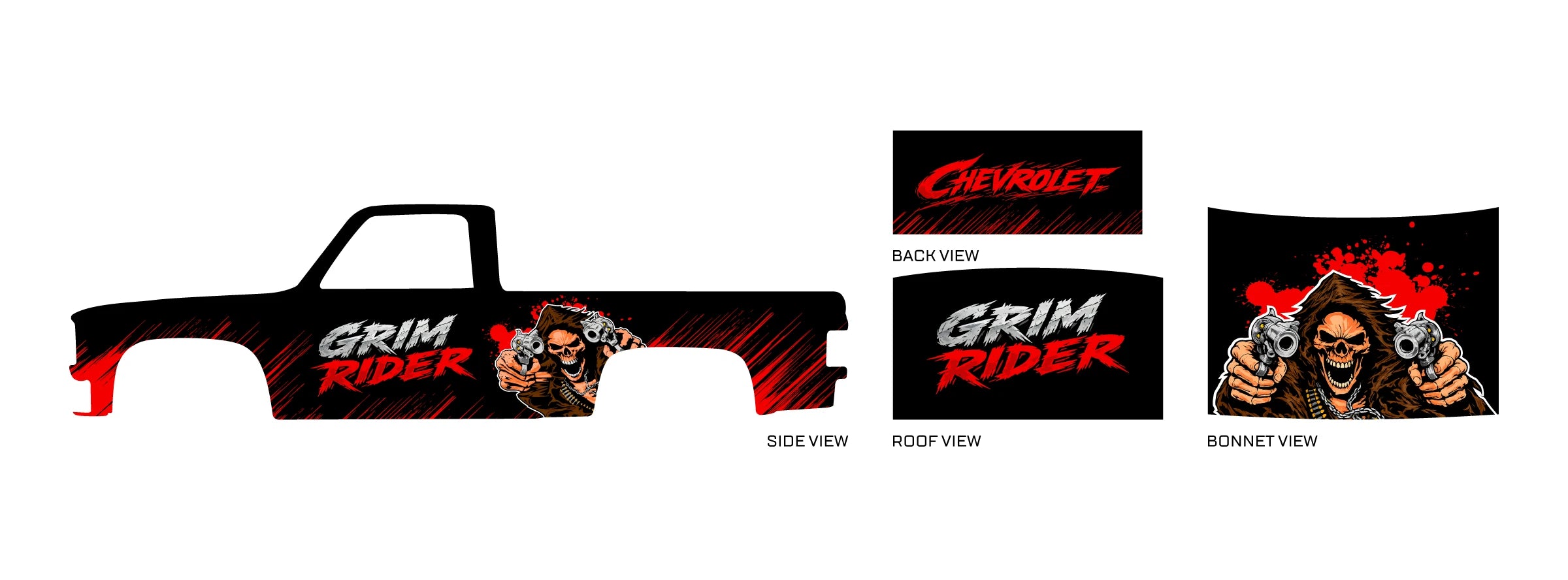 Grim Rider 01 placement preview for a 1:64 83 Chevy Silverado, with a hooded skull holding revolvers,
red streaks and grey-red GRIM RIDER lettering.