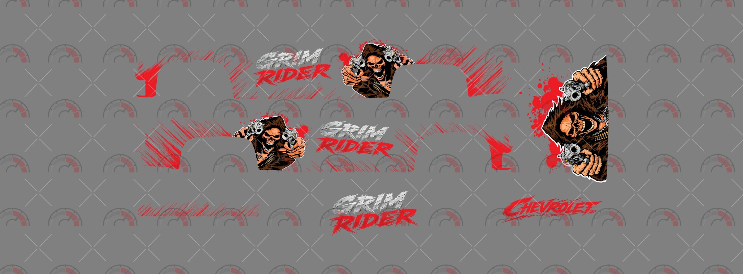 Grim Rider 01 decal sheet artwork for a 1:64 83 Chevy Silverado, showing paired armed skull side
graphics, red splashes and GRIM RIDER roof lettering.