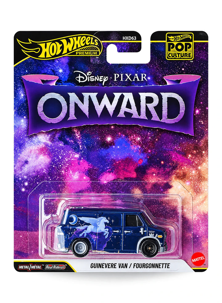 Hot Wheels Premium Pop Culture Disney Pixar Onward Guinevere Van 1:64 scale premium diecast van mint on its original galaxy themed purple space blister card with the large stylized movie logo.