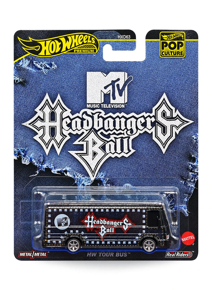 Hot Wheels Premium Pop Culture MTV Headbangers Ball HW Tour Bus 1:64 scale premium diecast van mint on its original heavy metal themed denim blister card.