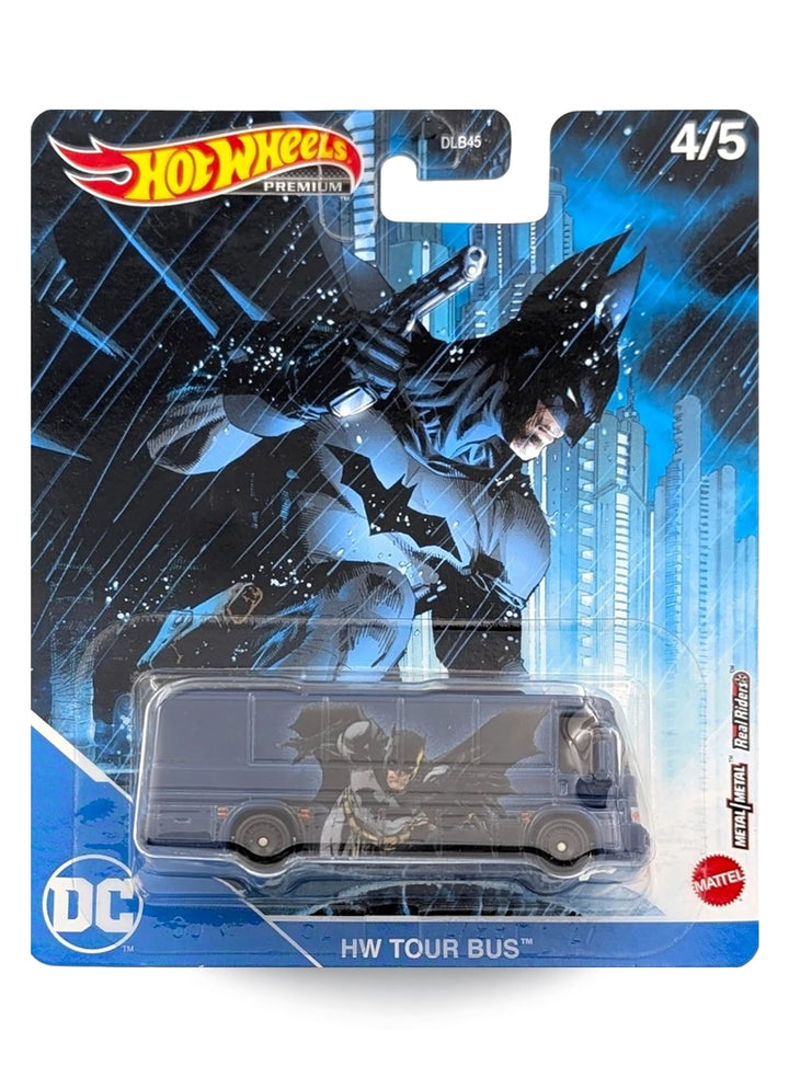Hot Wheels Pop Culture DC Batman HW Tour Bus 1:64 scale premium diecast model mint on rain-slicked Gotham City card.