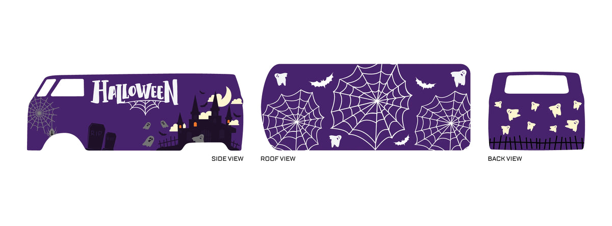 Halloween 01 placement preview for a 1:64 VW Panel Bus, with purple panels, white cobwebs, a
haunted castle, bats, ghosts and a crescent moon.