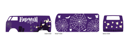Halloween 01 placement preview for a 1:64 VW Panel Bus, with purple panels, white cobwebs, a
haunted castle, bats, ghosts and a crescent moon.