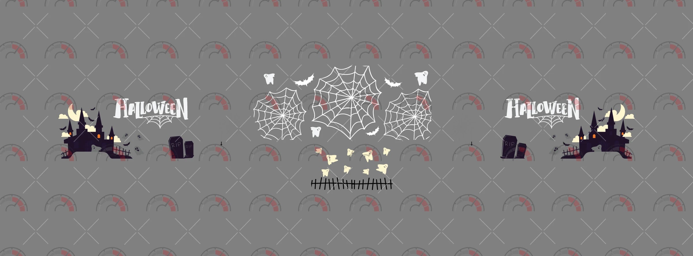 Halloween 01 decal sheet for a 1:64 VW Panel Bus, showing Halloween lettering, castle scenes, white
roof webs, bats, ghosts and black fences.