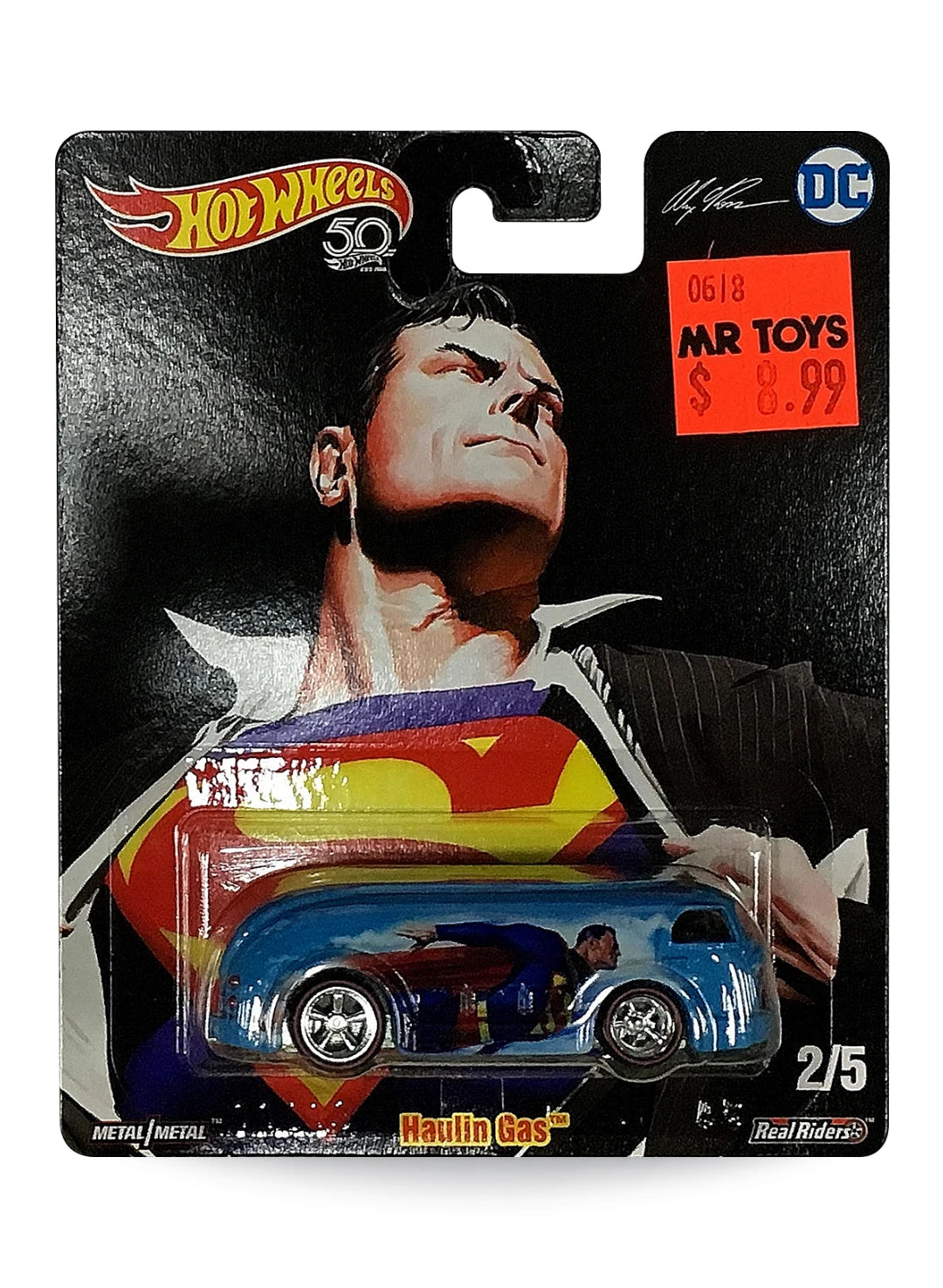 Hot Wheels Pop Culture DC Comics Alex Ross Superman Haulin' Gas 1:64 scale premium diecast tanker truck mint on 50th anniversary card.