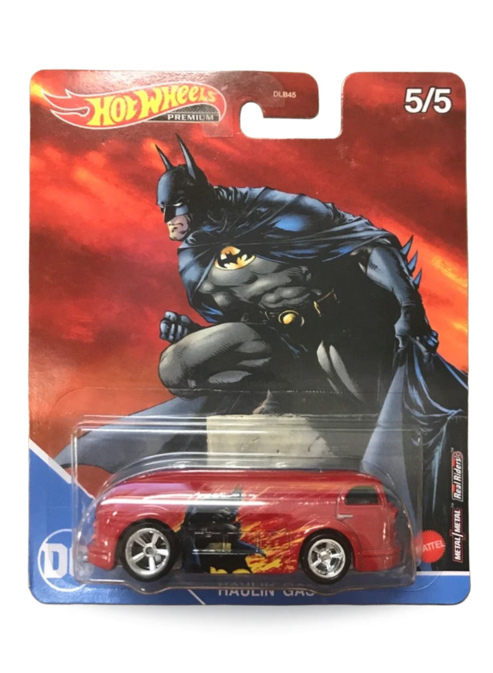 Hot Wheels Pop Culture Batman Haulin' Gas 1:64 scale premium diecast tanker truck mint on its original fiery red gargoyle blister card.