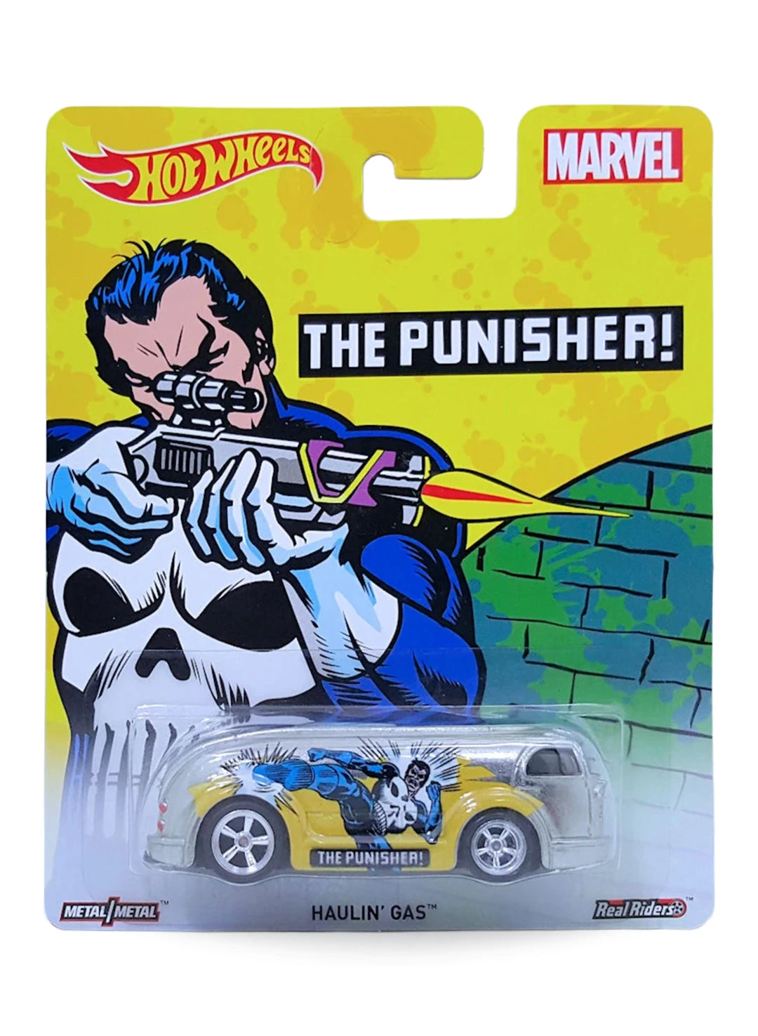 Hot Wheels Pop Culture 2016 Marvel The Punisher Haulin' Gas 1:64 scale premium diecast tanker truck mint on its original comic art blister card.