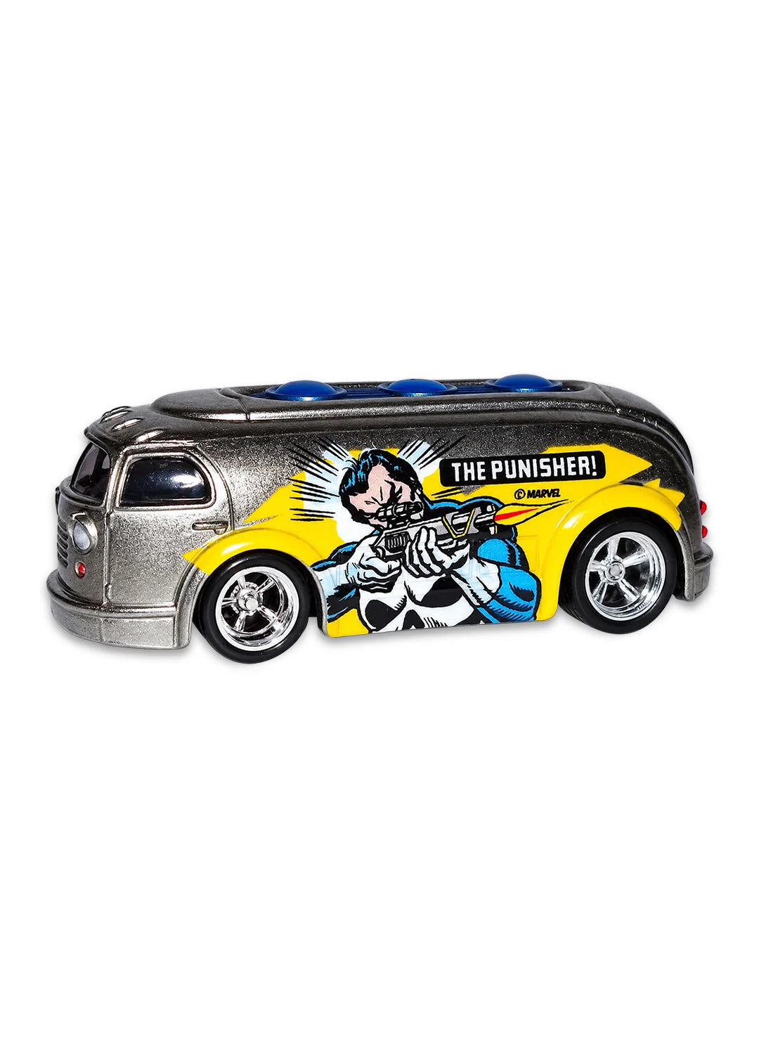 Close-up view of the raw ZAMAC Hot Wheels The Punisher Haulin' Gas truck showing side action graphics and 5-spoke Real Riders wheels.