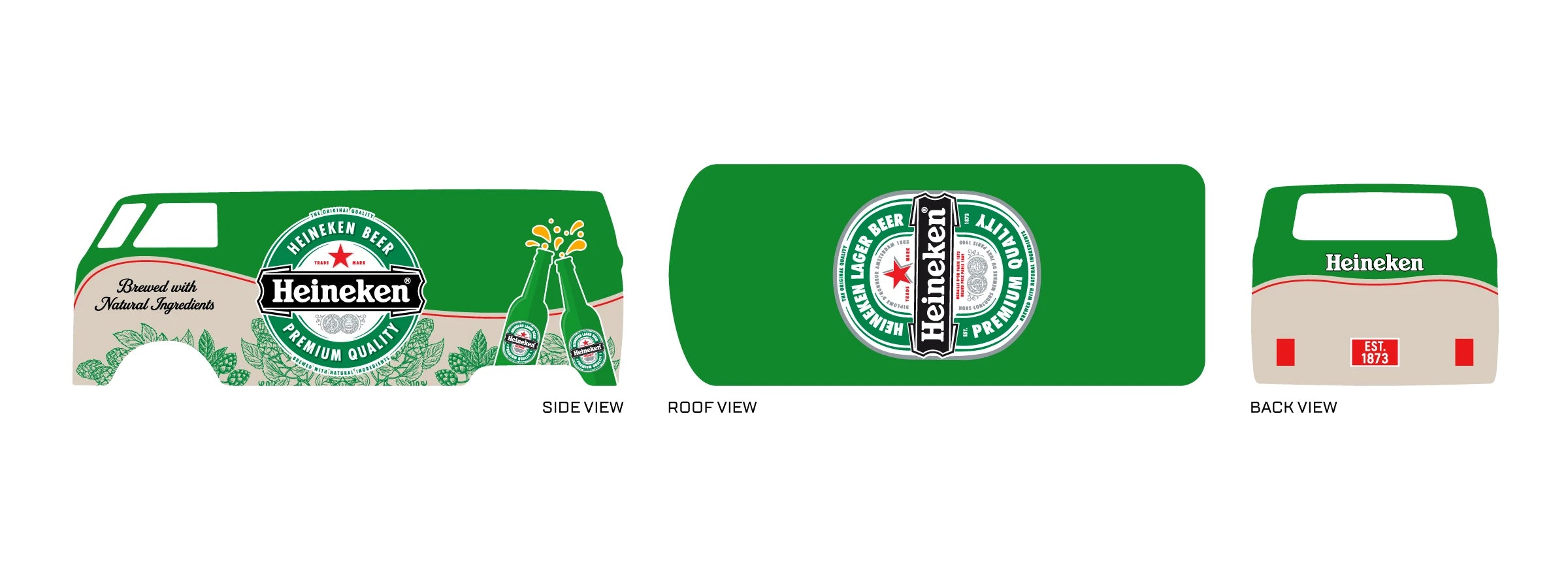 Heineken 03 placement preview for a 1:64 VW Panel Bus, with green-cream panels, red-star badges,
bottle graphics and leafy lower-side linework.