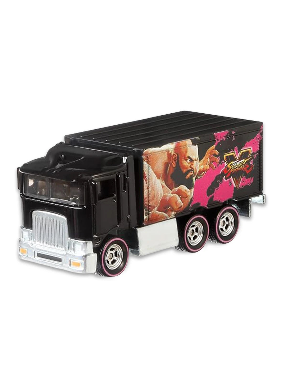 Close-up view of the gloss black Hot Wheels Cammy Hiway Hauler truck showing pink side panels, character portraits, and chrome wheels.
