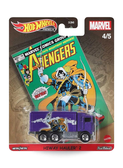 Hot Wheels Pop Culture Marvel Taskmaster Hiway Hauler 2 1:64 scale premium diecast box truck mint on its original retro comic cover card.