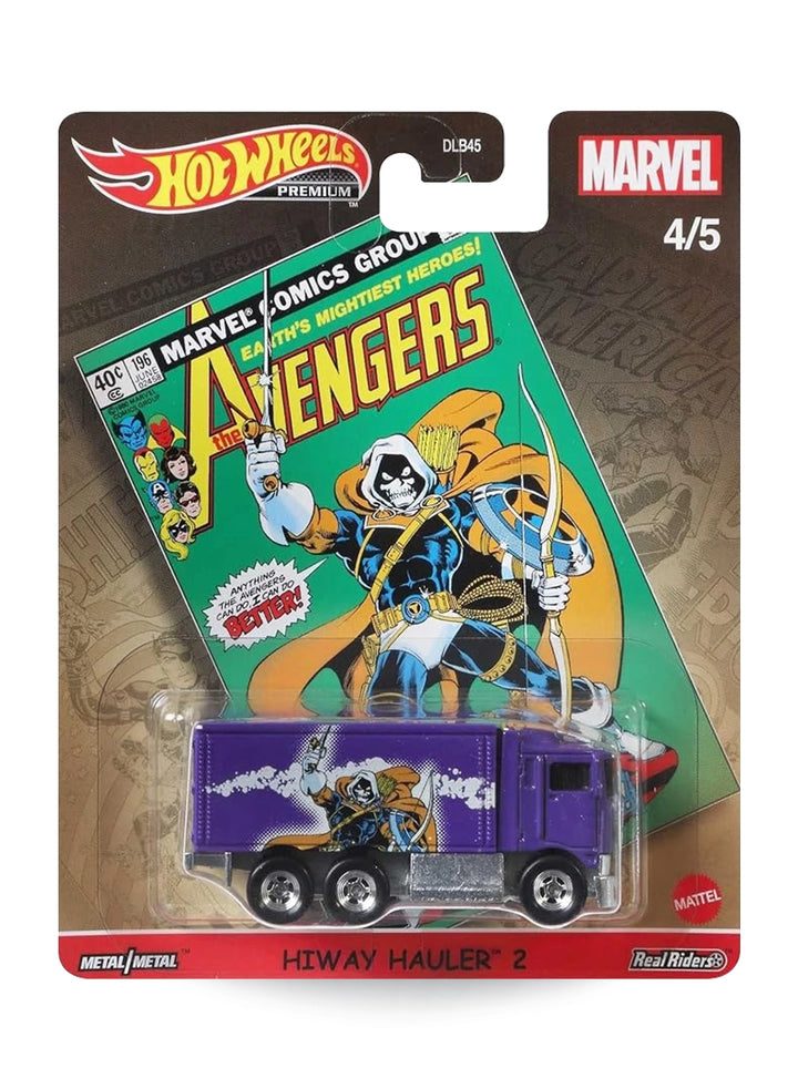 Hot Wheels Pop Culture Marvel Taskmaster Hiway Hauler 2 1:64 scale premium diecast box truck mint on its original retro comic cover card.