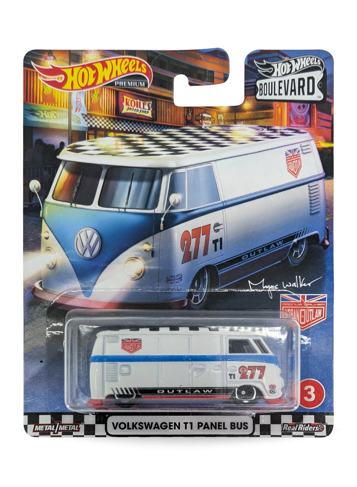 Hot Wheels Volkswagen T1 Panel Bus 1:64 - White with Blue Stripes & Urban Outlaw Livery