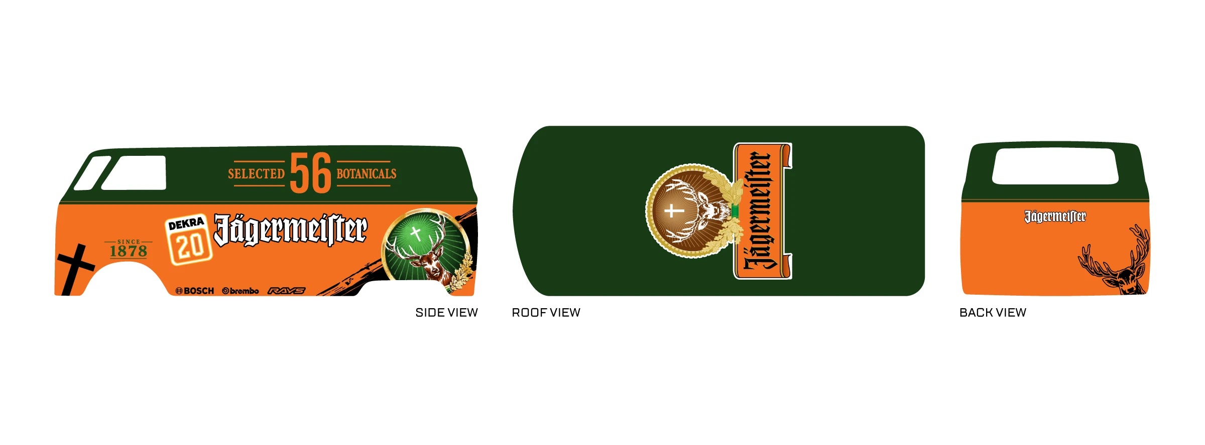 Jagermeister 01 placement preview for a 1:64 VW Panel Bus, with orange and dark-green panels, stag
emblems and white Gothic lettering.
