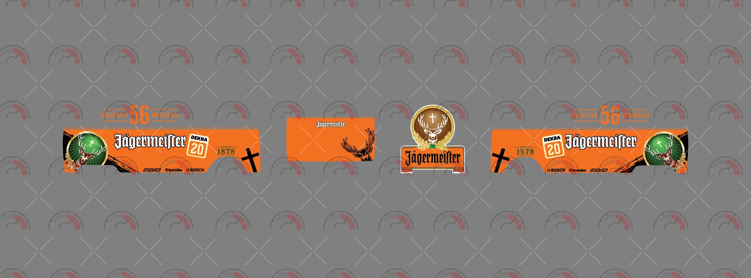 Jagermeister 01 decal sheet for a 1:64 VW Panel Bus, showing orange side and rear graphics, stag
badges and Gothic wordmarks