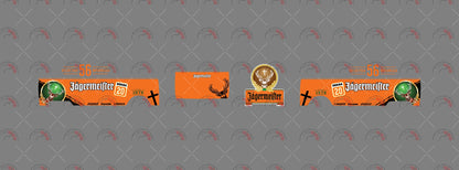 Jagermeister 01 decal sheet for a 1:64 VW Panel Bus, showing orange side and rear graphics, stag
badges and Gothic wordmarks