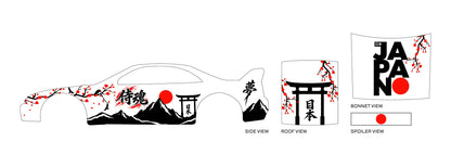 Japanese Sakura 01 placement preview for a 1:64 Nissan Skyline GT-R R33, with red blossoms, black
mountains, torii gates and JAPAN bonnet lettering.
