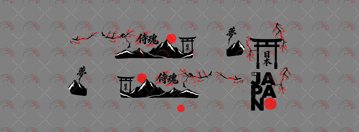 Japanese Sakura 01 decal sheet artwork for a 1:64 Nissan Skyline GT-R R33, showing paired
blossom-and-mountain side graphics, torii roof art and red sun discs.
