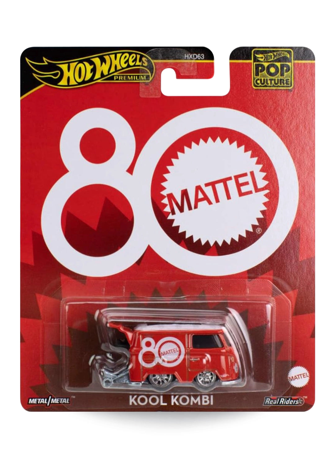 Hot Wheels Premium Pop Culture Mattel 80th Anniversary Kool Kombi 1:64 scale premium diecast microbus mint on its original red and white heritage branding blister card.