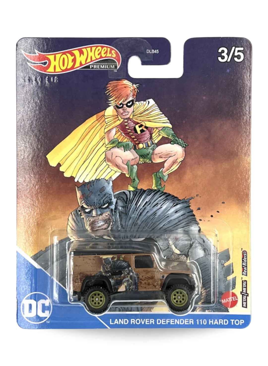 Hot Wheels Pop Culture Batman Land Rover Defender 110 Hard Top 1:64 scale premium diecast 4x4 model mint on Carrie Kelley Robin blister card.