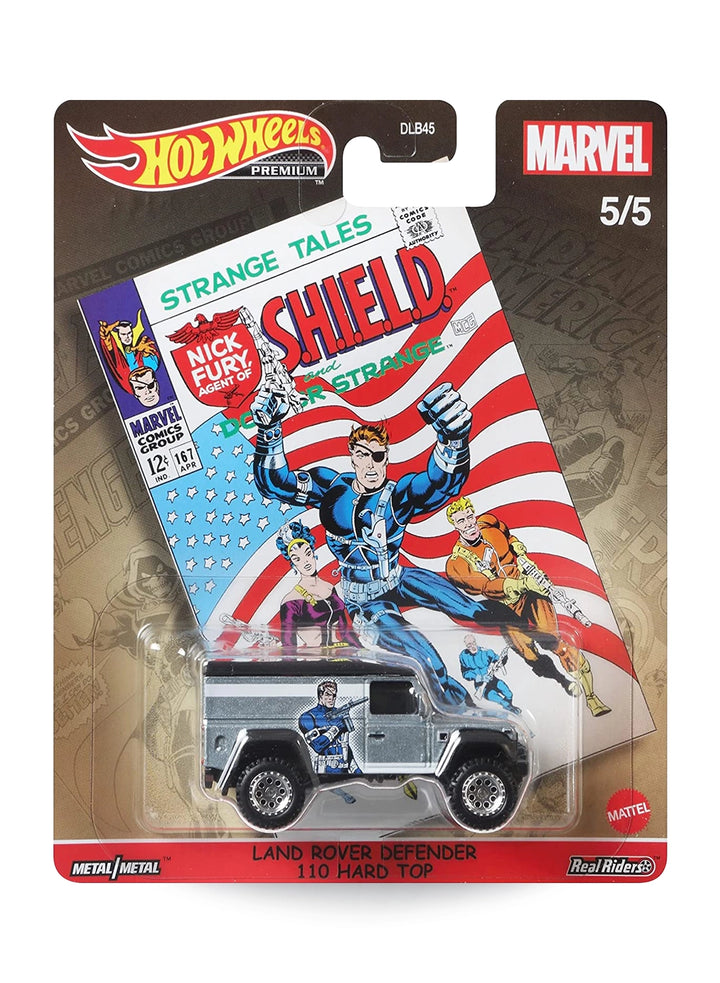 Hot Wheels Pop Culture Marvel S.H.I.E.L.D. Land Rover Defender 110 Hard Top 1:64 scale premium diecast off-road model mint on card.