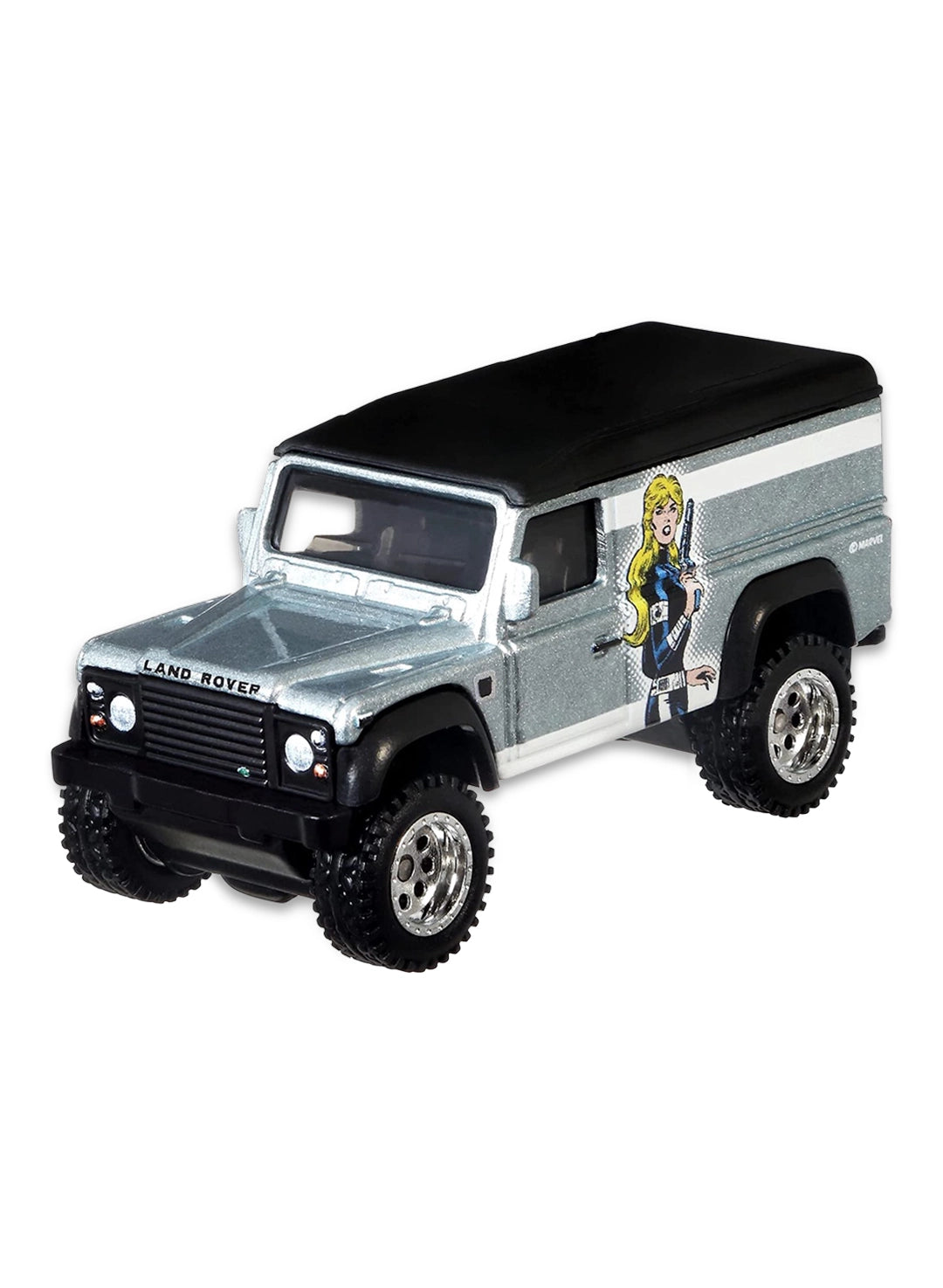 Close-up view of the metallic silver Hot Wheels Nick Fury Land Rover Defender 110 showing side graphics and off-road wheels.