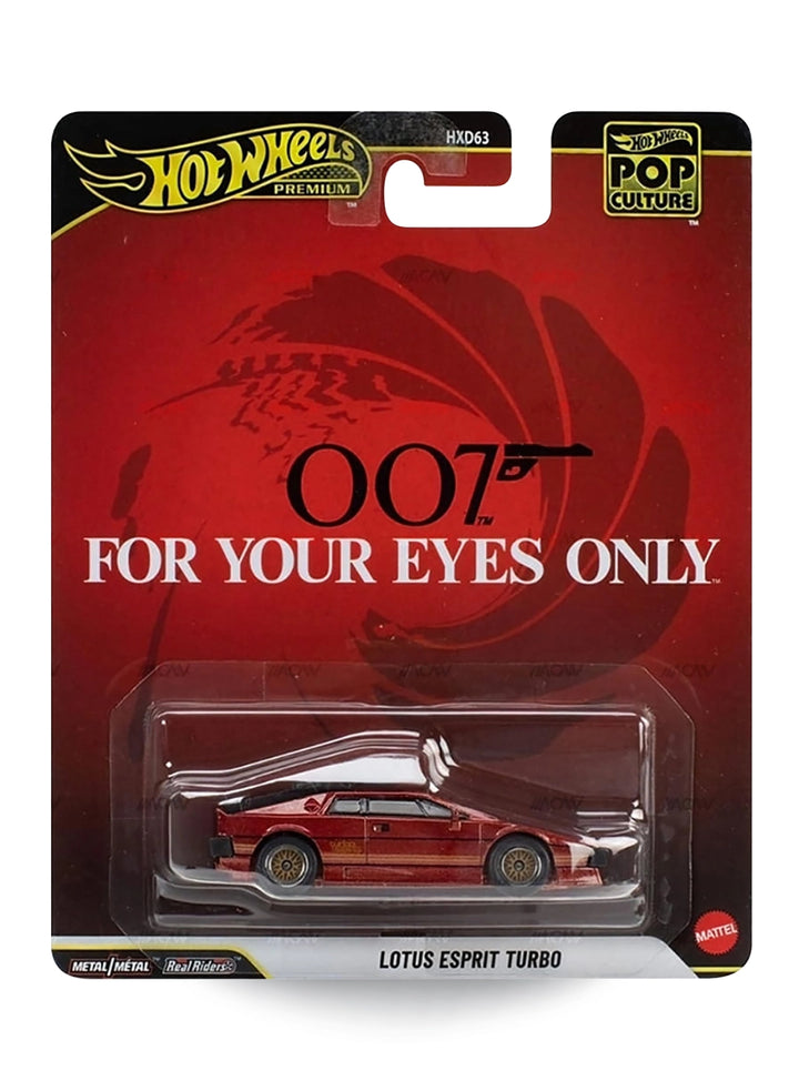 Hot Wheels Premium Pop Culture James Bond 007 Lotus Esprit Turbo 1:64 scale premium diecast car mint on its original For Your Eyes Only movie themed deep red card carrying a large gold 007 gun logo.
