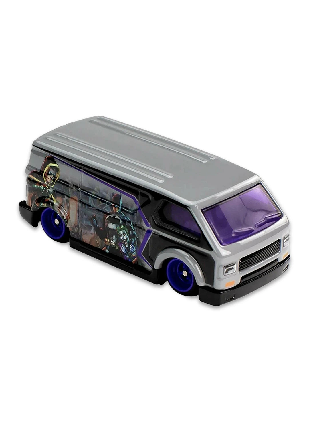 Close-up view of the dark grey Hot Wheels Batman MBK Van showing side comic panel graphics and purple wheels.