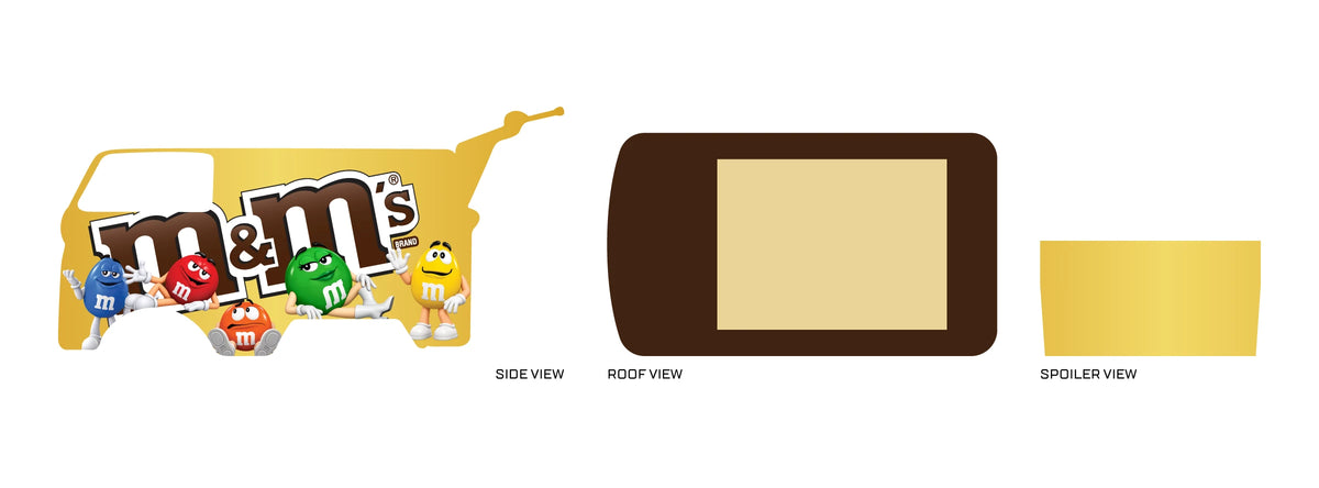 M&M 01 placement preview for a 1:64 Kool Kombi, with golden-yellow sides, brown m&m's lettering, five
candy characters and a brown roof frame