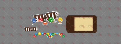 M&M 01 decal sheet for a 1:64 Kool Kombi, showing candy characters, brown wordmarks, loose
multicolored candy pieces and a brown roof border.