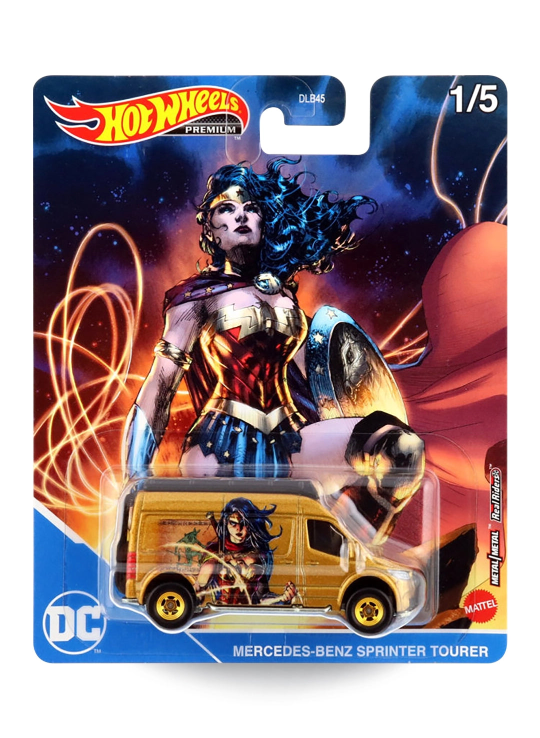 Hot Wheels Pop Culture DC Wonder Woman Mercedes-Benz Sprinter Tourer 1:64 scale premium diecast van mint on its original graphic starfield card.