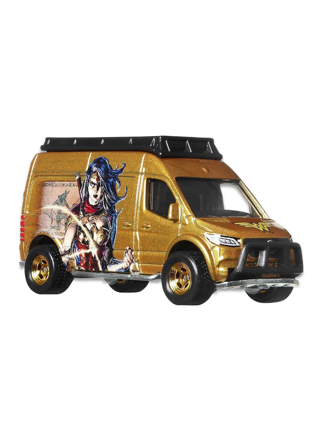Close-up view of the metallic gold Hot Wheels Wonder Woman Mercedes-Benz Sprinter van showing side character graphics and gold-rimmed wheels.