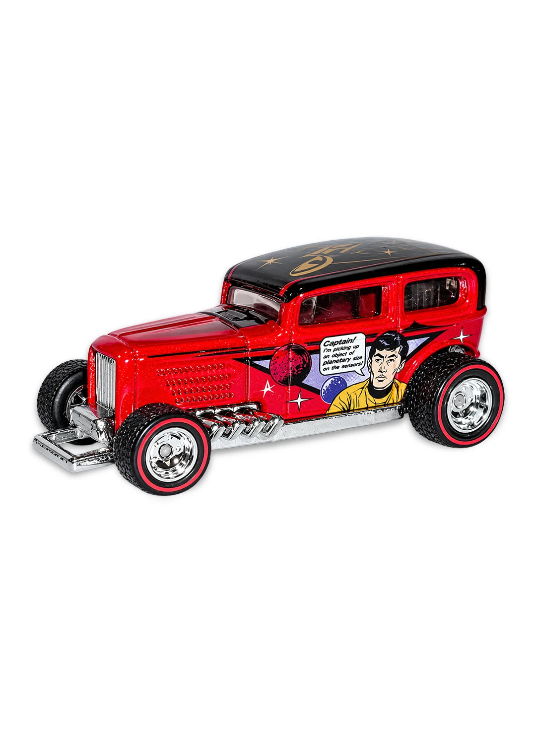 Close-up view of the red Hot Wheels Star Trek Midnight Otto hot rod showing side Sulu graphics and redline Real Riders wheels.