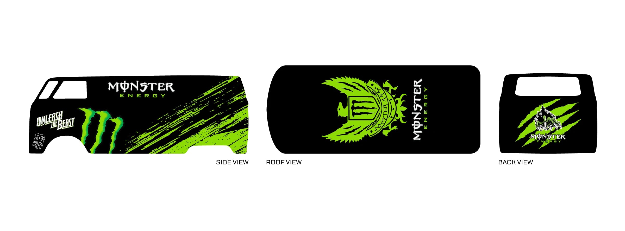 Monster Energy 05 placement preview for a 1:64 VW Panel Bus, with lime claw marks, diagonal
scratches and a winged MONSTER ARMY roof crest.