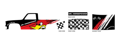 Mr.Horsepower 03 placement preview for a 1:64 83 Chevy Silverado, showing a red
woodpecker head, yellow beak, black body and checkered racing accents.

