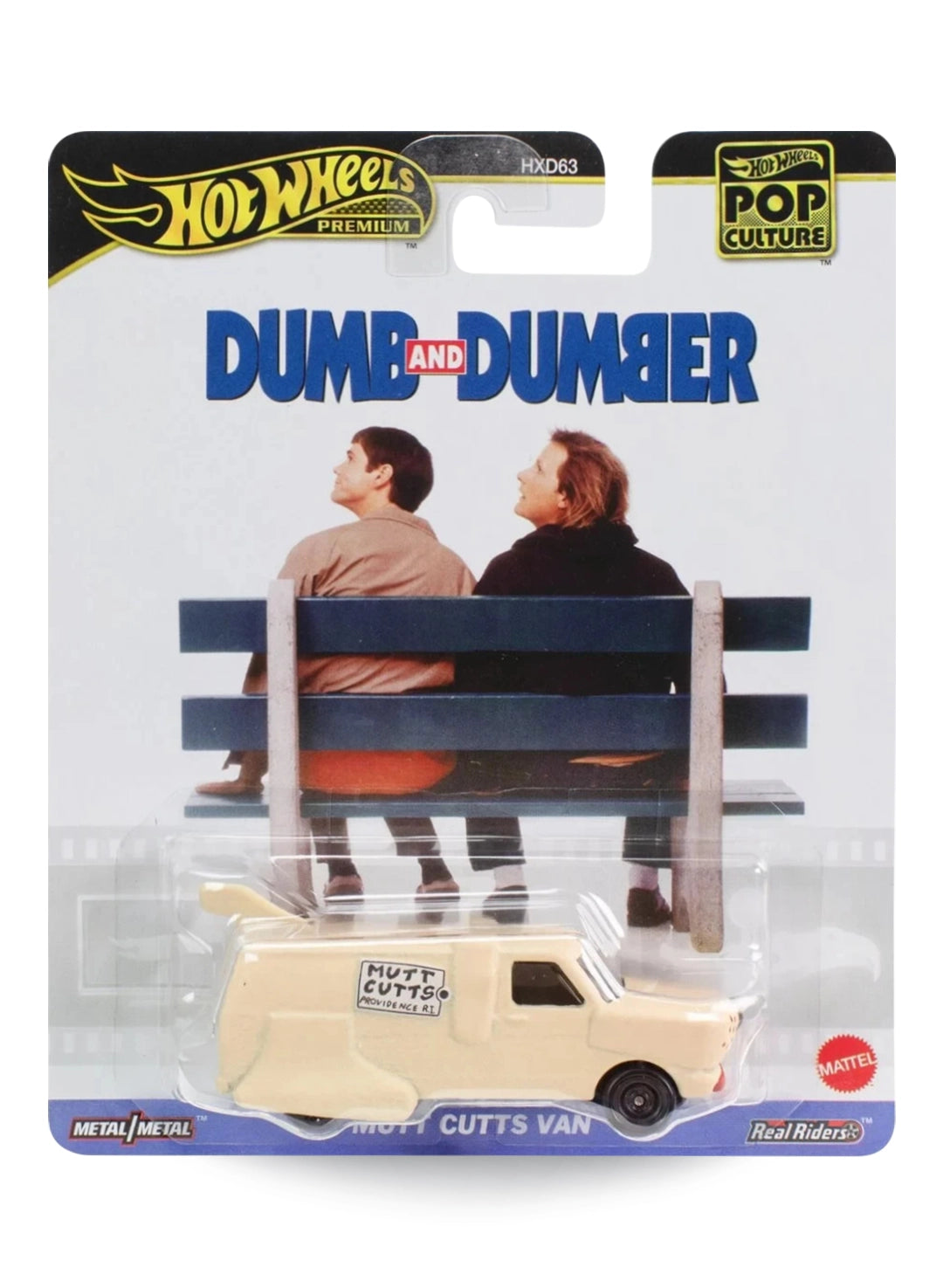 Hot Wheels Premium Pop Culture Dumb and Dumber Mutt Cutts Van 1:64 scale premium diecast novelty vehicle mint on its original comedy movie themed blister card.