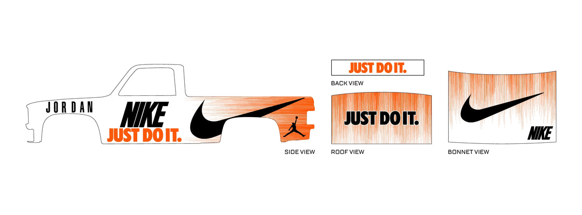 Nike 01 placement preview for a 1:64 83 Chevy Silverado, with black swooshes, orange brush fades and
bold NIKE lettering; JUST DO IT text and Jordan silhouettes.
